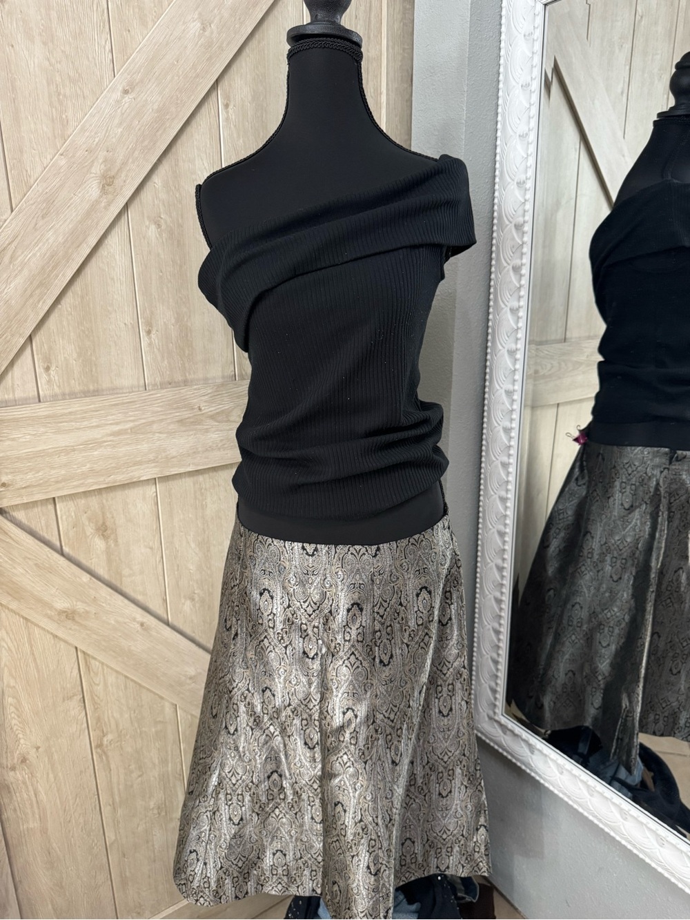 VTG Amanda Smith Iridescent Silver Paisley Damask Midi Skirt - 14